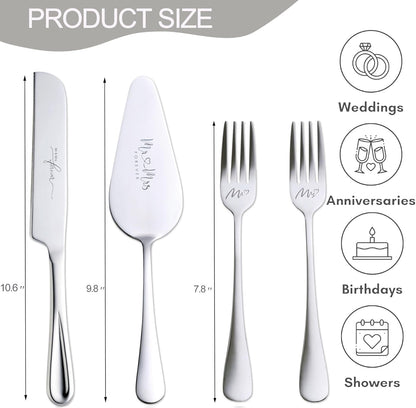 4 Pieces Wedding Cake Knife and Server Set, Stainless Steel Mr and Mrs Cake Cutter and Forks for Wedding, Birthday, Bridal Shower Gifts for Couples (Rose Gold)