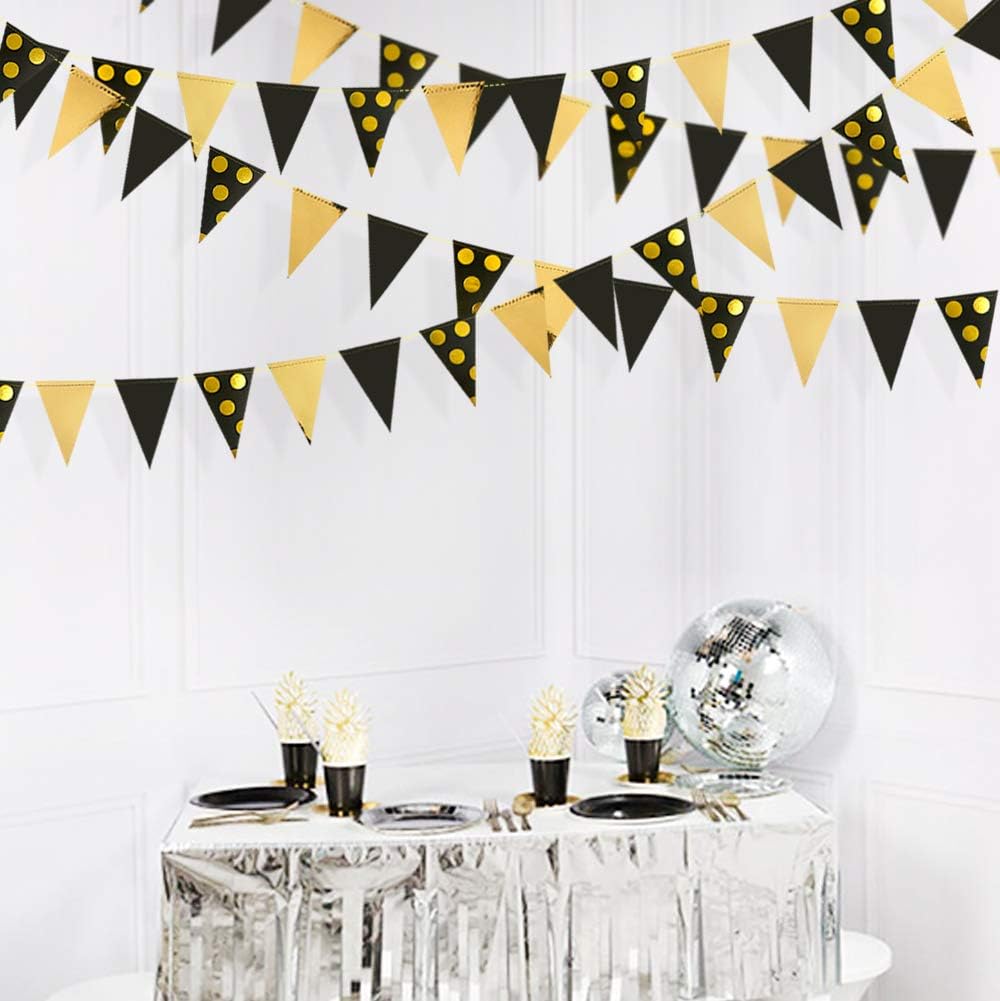30Ft Navy Blue Gold and Beige Party Decorations Royal Blue Gold Triangle Flag Pennant Banner Bunting for Graduation Birthday Wedding Bridal Shower Nautical Ahoy Achor Theme Party Decorations Supplies