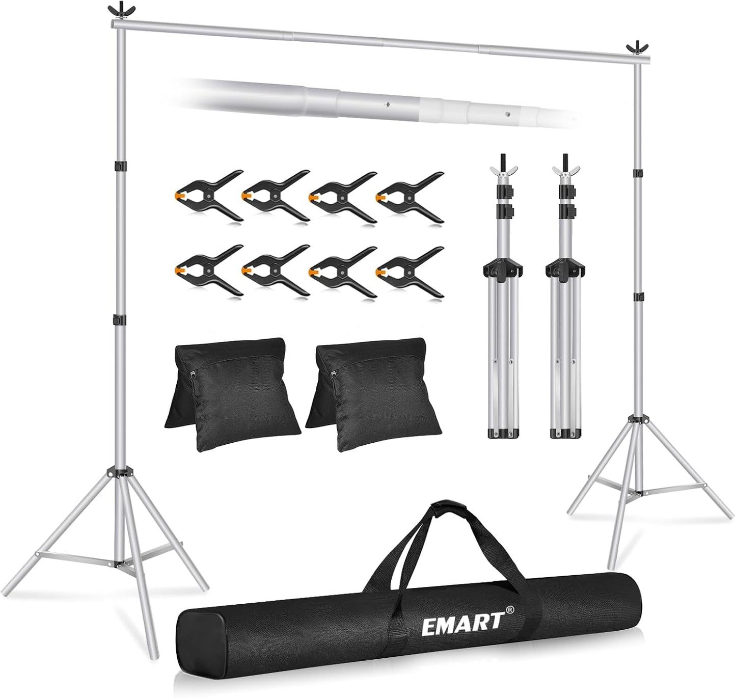 EMART Backdrop Stand 10x7ft(WxH) Photo Studio Adjustable Background Stand Support kit with 2 Crossbars, 8 Clamps, 2 Sandbags and Carry Bag for Parties, Events Decoration, Wedding, Photography -White