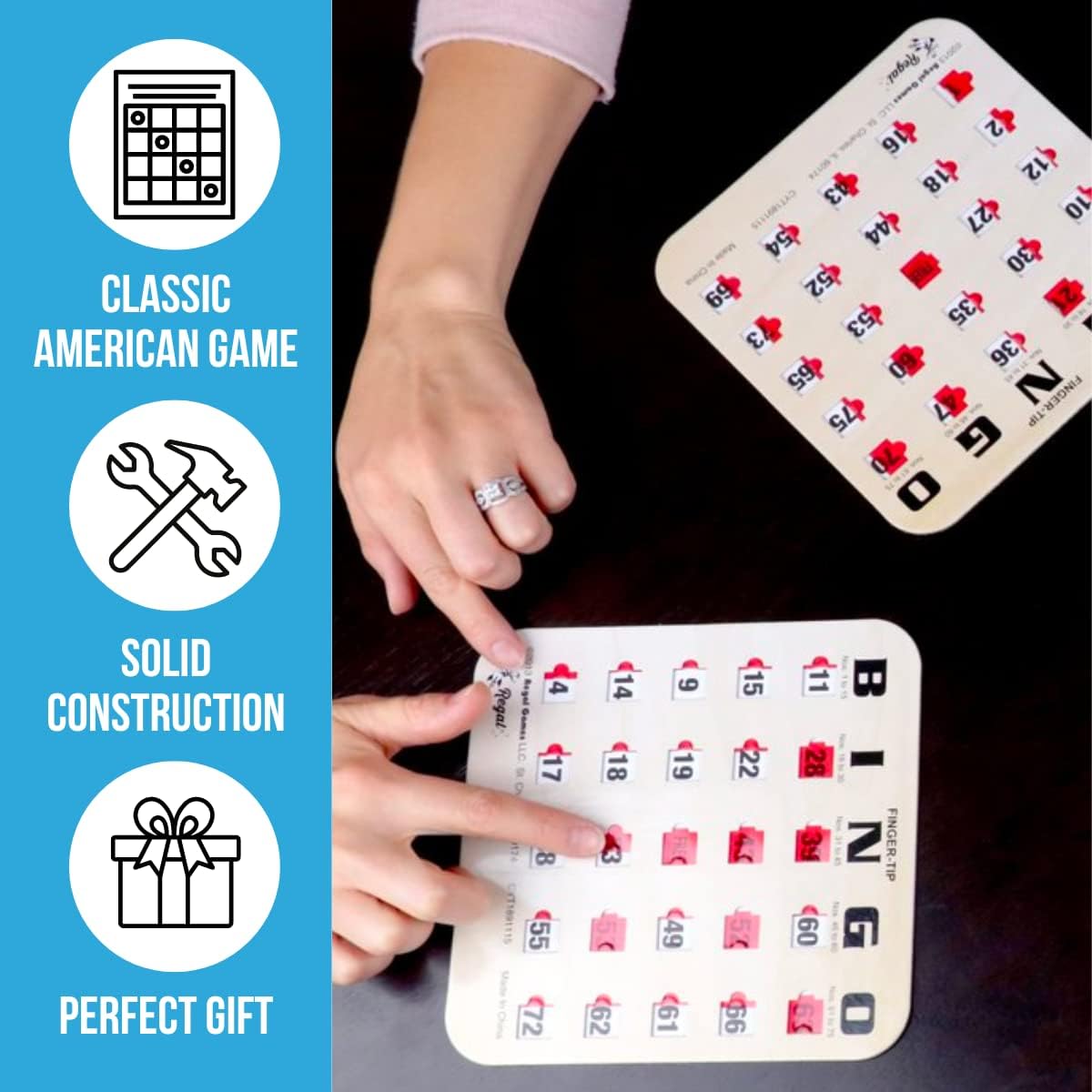 Regal Bingo Game Set for Adults and Kids - 50 Bingo Cards with Sliding Windows, Reusable & Large Bingo Cards, 1 Master Board - Fun Family Game Night - No Chips & Daubers Needed - Green