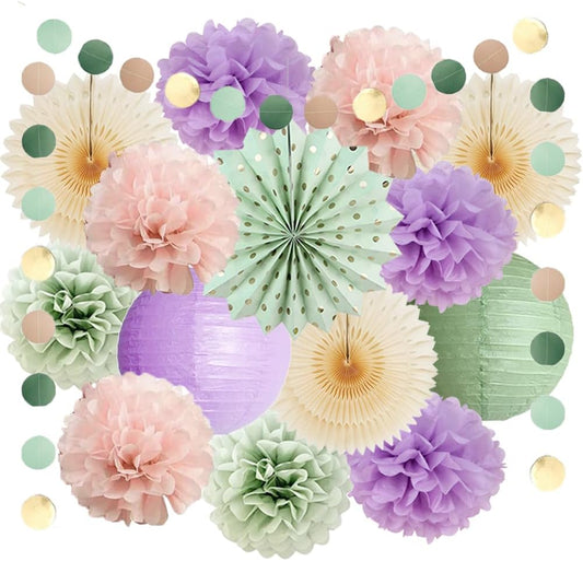 Sage Green and Purple Party Decorations Baby Shower Girl Decorations Sage Green Purple Pink Birthday Party Light Purple Blush Pink Tissue Paper Pom Poms Beige Fans Kit for Wedding Engagement