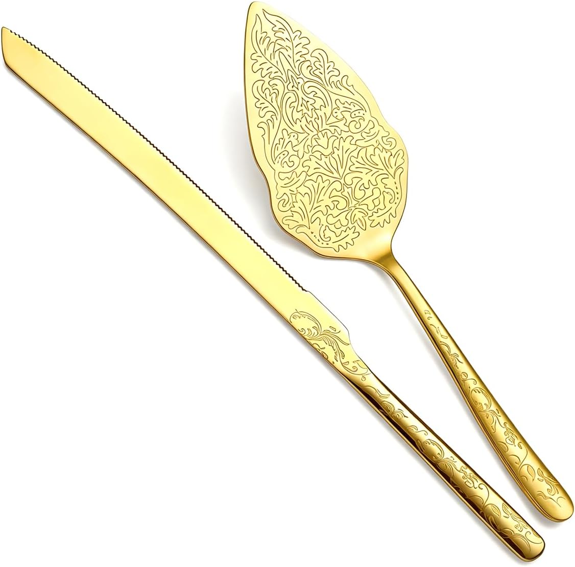 Berglander Gold Wedding Cake Knife and Server Set, Titanium Gold Plating With Unique Pattern Design Cake Cutter Serving Set Perfect For Wedding, Birthday, Parties and Events Dishwasher Safe