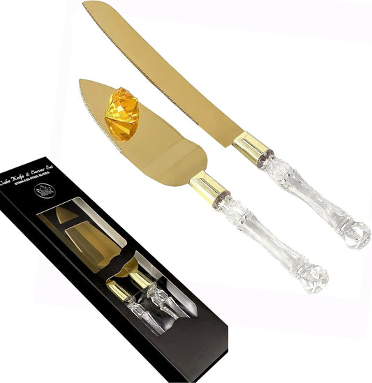 Tytroy Elegant & Classic Stainless Steel Wedding Birthday Cake (or Pie Pastry) Serving Set of 13in Serrated Knife and 11in Server both with Beautiful 4in Faux Crystal Handles (Gold-Color 1 Set)