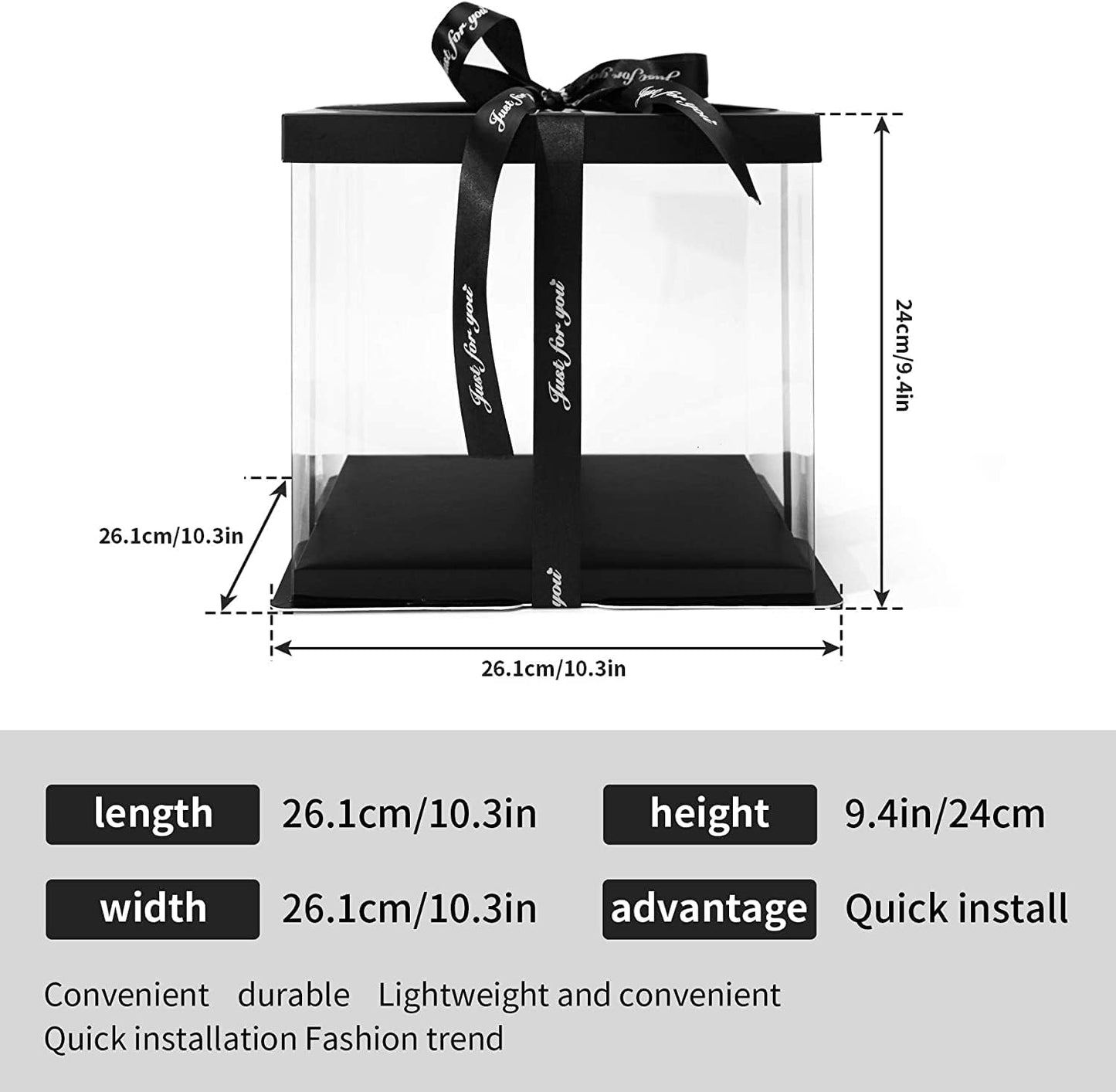 4 Pack Clear Cake Box Carrier 10" X 10" X 9" Cake Packaging Container with Ribbon Transparent Boxes with Lid Gift Package for Birthday Wedding Party, Black