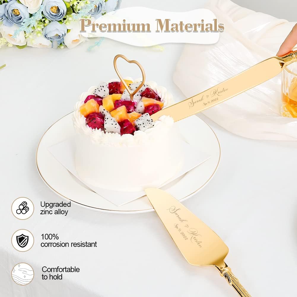 Cake Cutting Set for Wedding, Personalized Gold Cake Knife and Server Set, Custom Cake Serving Set, Engraved Pastry Pie Server Cake Pizza Cutter, Birthday Bridal Gift (F-Classic)