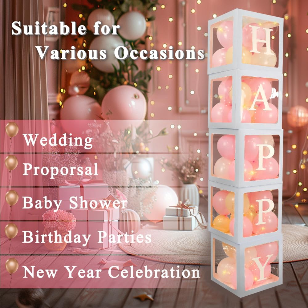Ledido Transparent Balloon Boxes, Clear Balloon Boxes with 5 Pcs String Lights and 78 Letters for Baby Shower Gender Reveal 2026 New Year Grad Party Birthday Anniversary Bridal Decor - 5 White Boxes