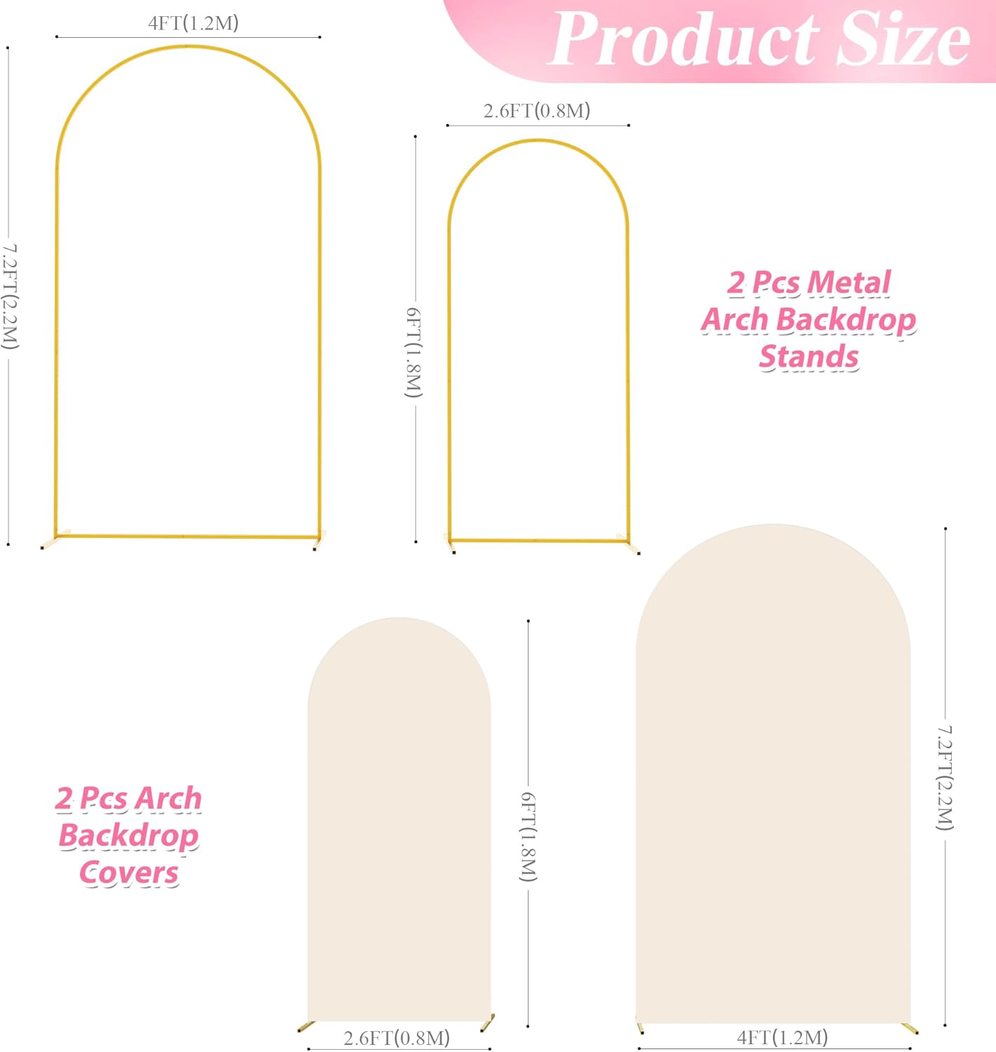 Wokceer Wedding Arch Backdrop Stand and Cover Set of 2 Metal Arch Stand with Arch Cover White 7.2FT, 6FT for Birthday Party Wedding Ceremony Bridal Baby Shower Event Decor