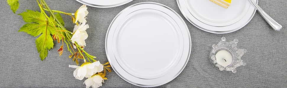 FLOWERCAT 60PCS White Plastic Plates - Heavy Duty White Disposable Plates for Mother's Day/Birthday Party/Wedding -serve for 30 guests Include 30PCS 10.25" & 30PCS 7.5" Plates for Party