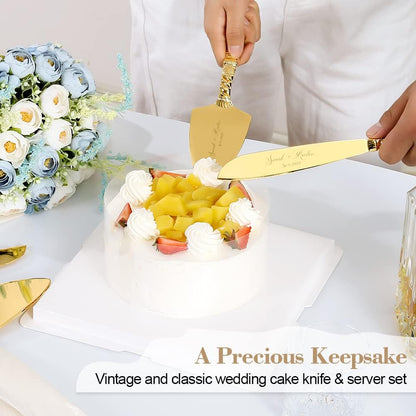 Cake Cutting Set for Wedding, Personalized Gold Cake Knife and Server Set, Custom Cake Serving Set, Engraved Pastry Pie Server Cake Pizza Cutter, Birthday Bridal Gift (F-Classic)