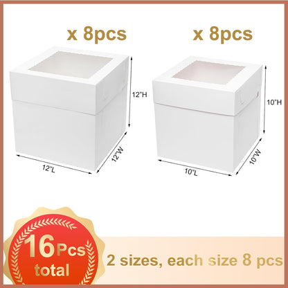 Mefleet 16pcs Cake Boxes 2 Sizes 12x12x12 10x10x10 Inches Tall Cake Boxes with Window for Tier Baking Disposable Bakery Containers with Lids White Large Cardboard Take Out Carrier for Wedding, Party