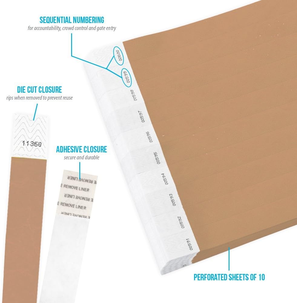 100 WristCo Metallic Gold Tyvek Wristbands for Events - ¾” x 10” - Waterproof Recyclable Comfortable Tear Resistant Paper Bracelets Wrist Bands for Concerts Festivals Admission Party