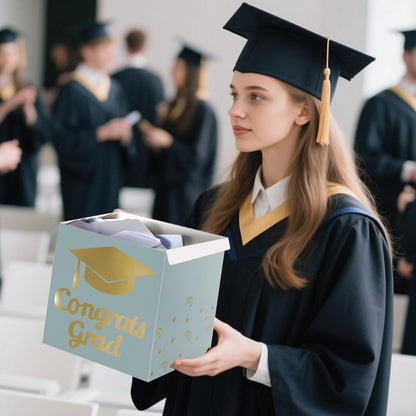 Graduation Card Box Holder, Congrats Grad Foldable Cardboard Decorations Box for Graduation Party Decoration and Grad Parties (Black)