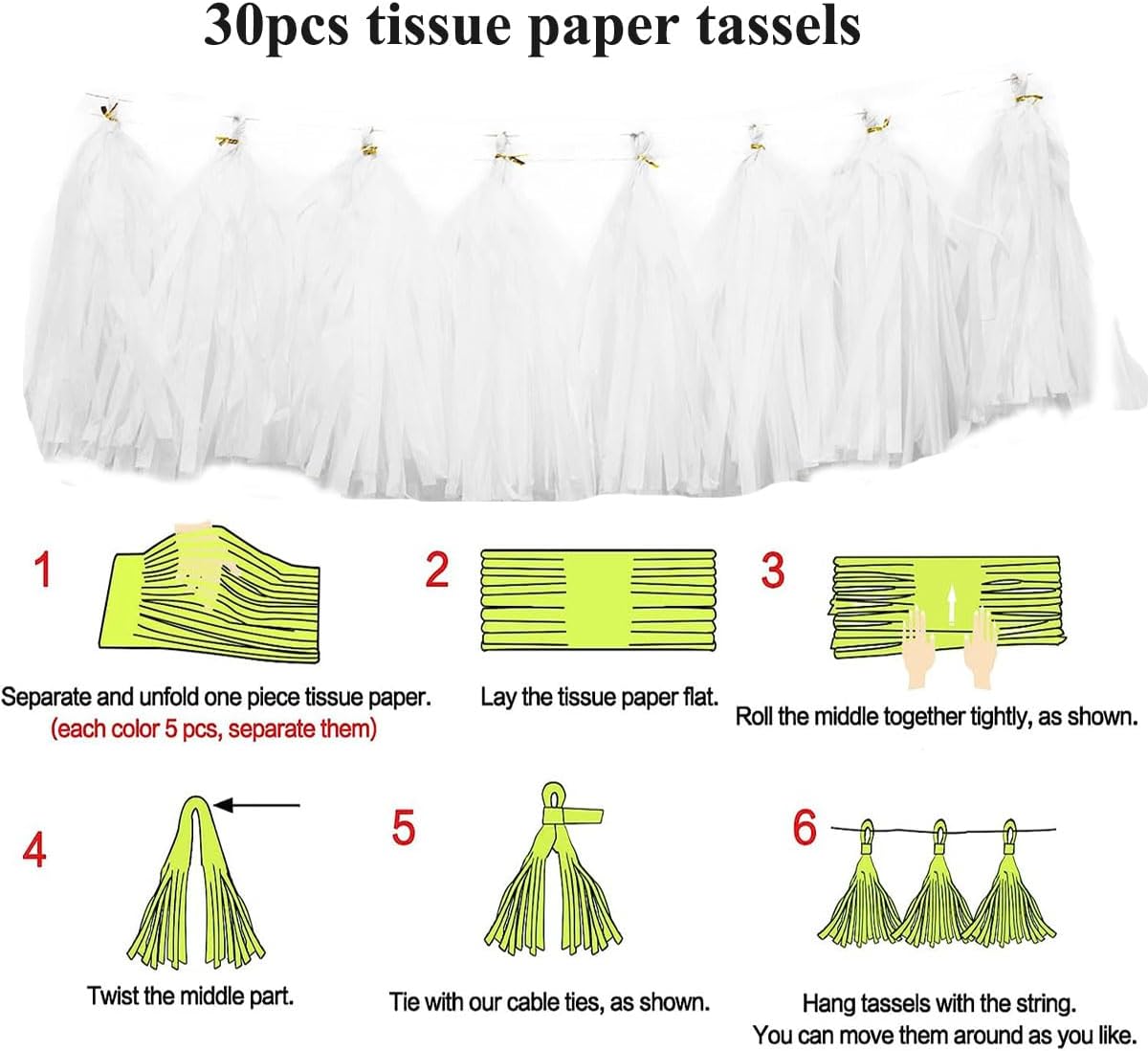 30pcs Paper Tassels Garland Banner Tissue Paper Tassel DIY Hanging Paper Decorations Party Tassel Garland Decor Baby Shower Nursery Wedding Festival Baby Shower Decoration(30, White)