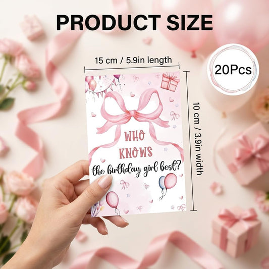 Who Knows The Birthday Girl Best Cards 20 Pack, 4"x6" Pink Bow Theme Girls Birthday Party Activities, Sleepover Party Supplies, Fun Question Cards for Girls Night Party Supplies