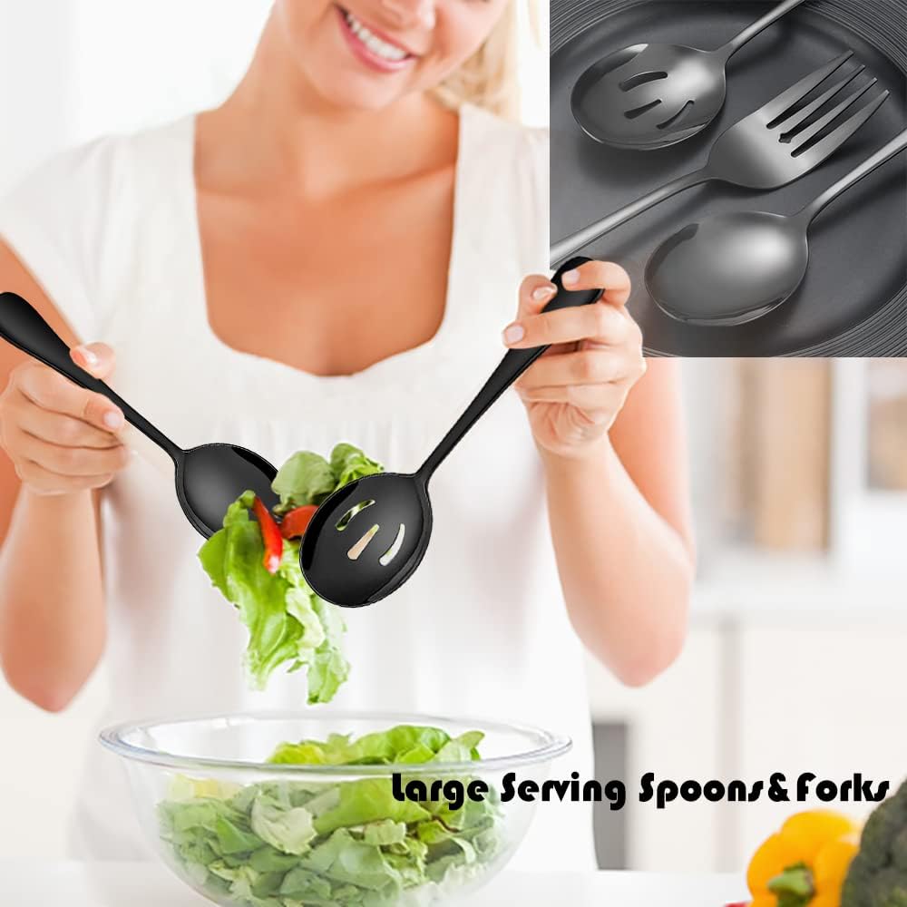8 PCS Stainless Steel Serving Utensils, Large Serving Spoons Slotted Spoons, Forks, Ice Suger Tongs, Cake Server, Soup Ladle, Metal Utensils Set Great for Buffet Catering Banquet Party, Gold