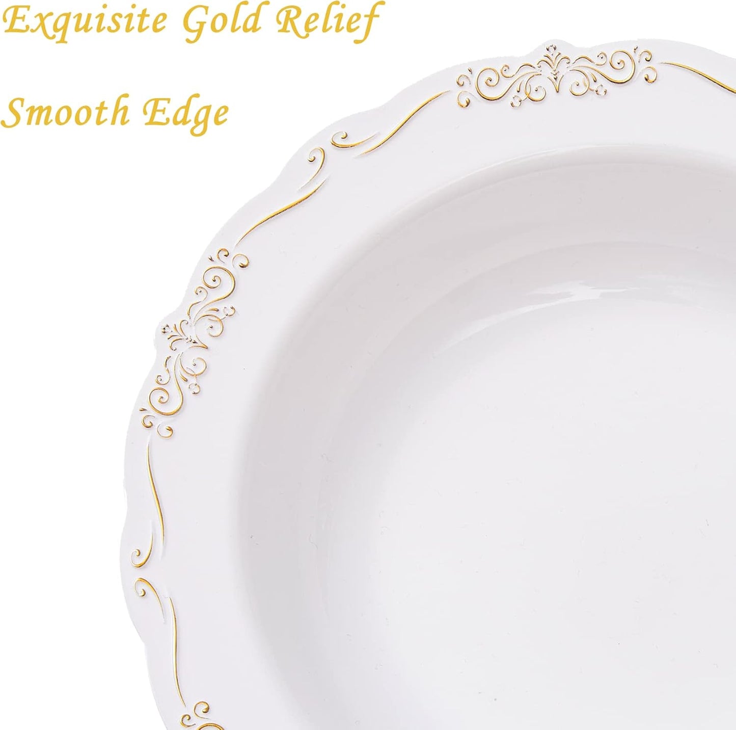 N9R 30PCS Disposable Plastic Bowls with Gold Rim, 12 oz Fancy White Plastic Bowls, Premium Dessert Salad Bowls Perfect for Party, Wedding and Everyday Use