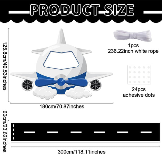 Airplane Shaped Photo Prop Selfie Frame Airplane Birthday Decoration Fabric Aircraft Backdrop Banner with Long Racetrack Floor Mat Plane Themed Background for Kids Baby Shower Birthday Party Supplies