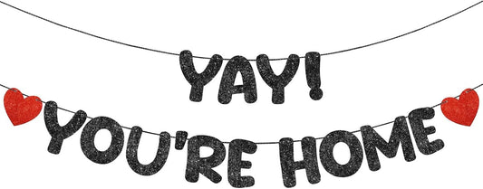 Fulmoon Pre Strung Yay You're Home Banner Glitter Welcome Home Party Decorations Funny Welcome Sign for Women Men Back to School Military Army Returning Party Sign(Champagne Gold)