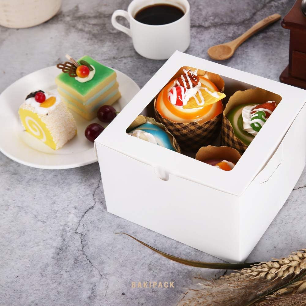 25 Gold Bakery Boxes with Window, 6x6x4 Inches Cake Boxes with Window, Treat Boxes for Small Bakery, Dessert, Candy, Cookies, Pastry, Party Favors, Wedding Cake