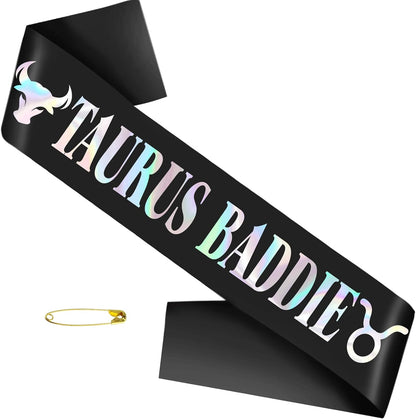 Taurus Baddie Sash for April May Birthday Party - Black Glitter Foil Constellation Zodiac Party Decorations, Astrology Theme Bday Supplies for Women & Girls（Black iridescent）