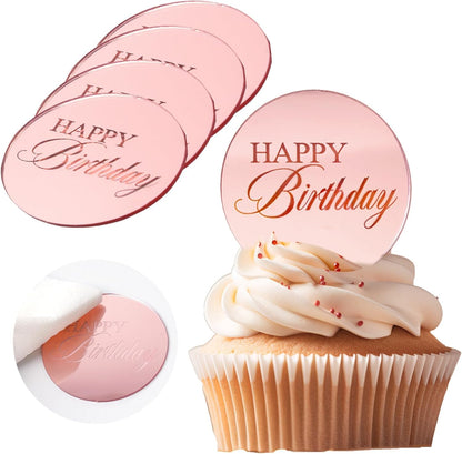 20pcs Gold Mirror Acrylic Happy Birthday Cupcake Toppers Round Engraved Cake Picks Happy Birthday Cake Toppers for DIY Birthday Gift Flower Bouquet Pastries Desserts Decor
