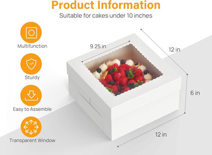 Kootek 15pcs Cake Boxes, 10x10x8 Inches Tall Cake Box with Window, White Bakery Boxes, Large Baking Boxes, Square Cardboard Cake Box for Multi-Layer Cakes, Cake Decorating Supplies for Gift Giving