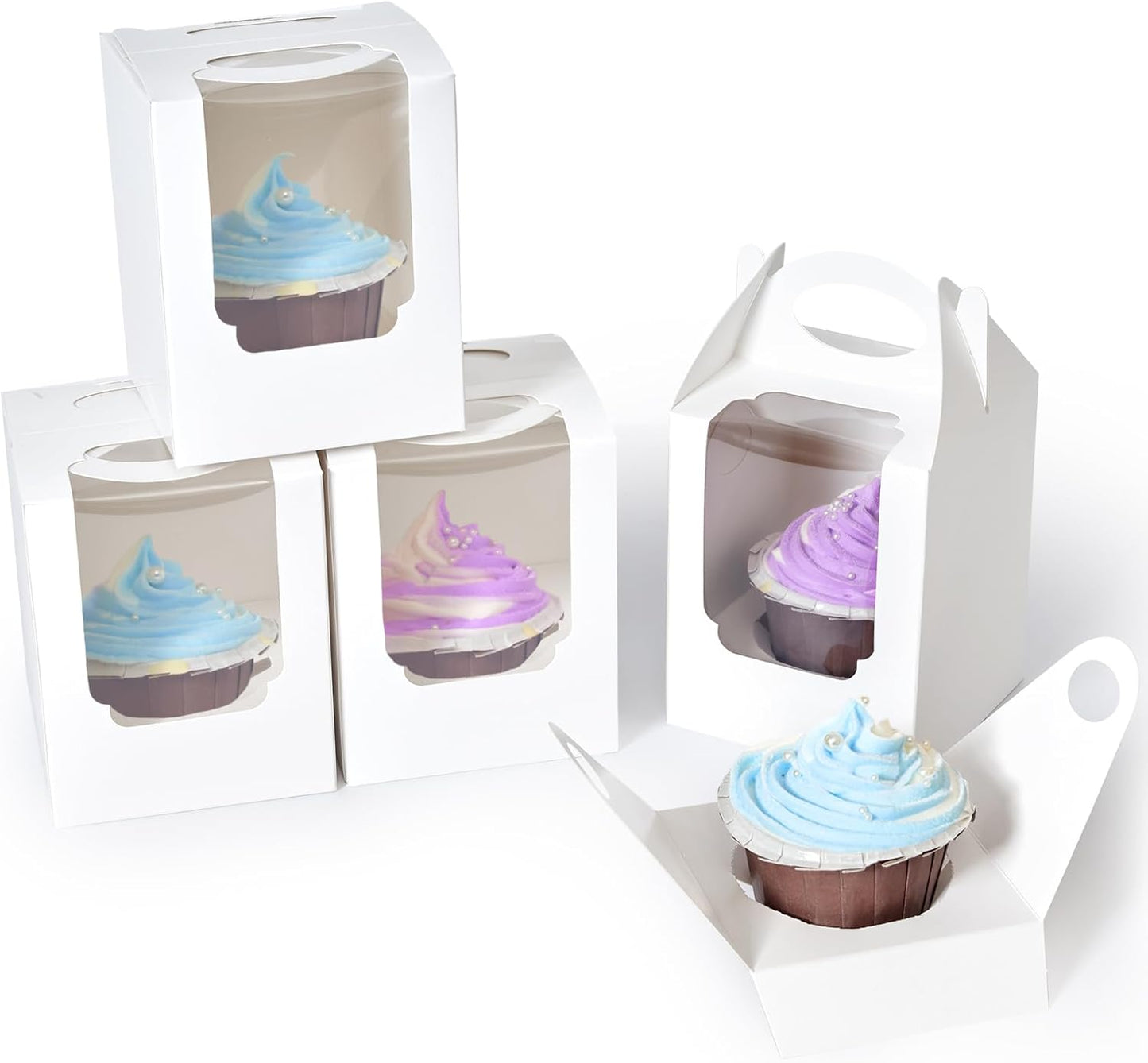 Cupcake Boxes 50 pcs, Individual Cupcake Containers Brown with Window Insert and Handle, Pastry Box Single Muffins Holder Disposable for Bakery Wrapping Party Favor Packaging