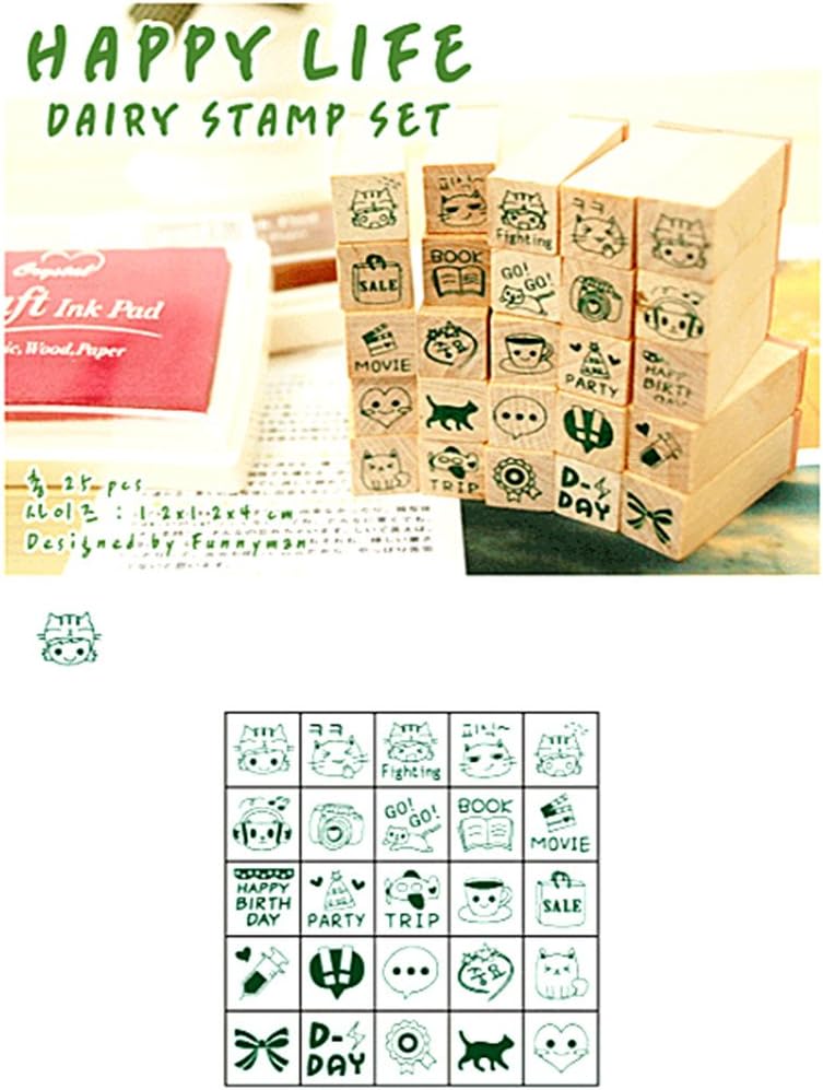 Diary Stamp Set,Wooden Rubber Signet for Children DIY Scrapbooking Card Making(25pcs,Happy Life)