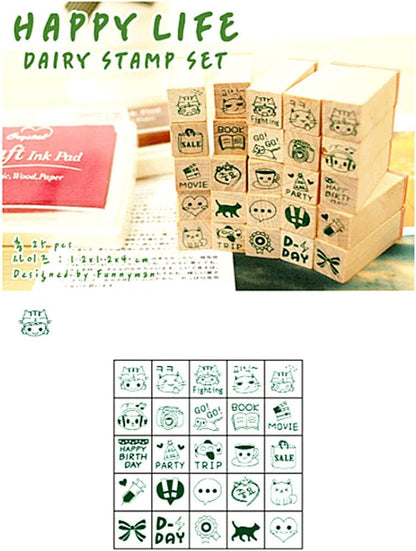 Diary Stamp Set,Wooden Rubber Signet for Children DIY Scrapbooking Card Making(25pcs,Happy Life)