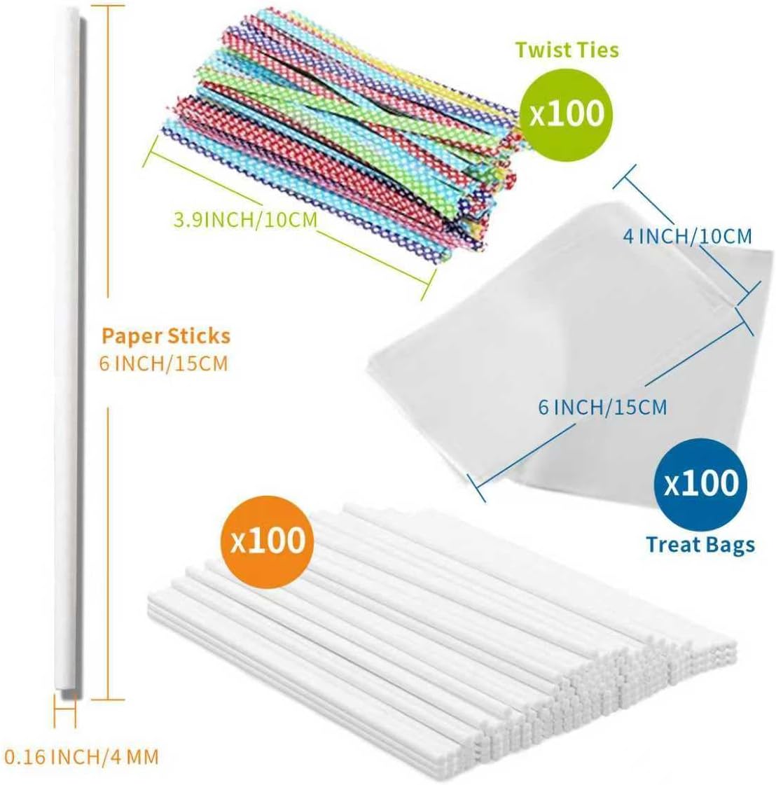 300Pcs 6 Inch(4MM DIA) Cake Pops Sticks,Lollipop Sticks, Cake pop Bags and Wrappers Chocolates and Cookies Set Including 100 Parcel Bags, 100 Papery Treat Stick, 100 Colorful Metallic Twist Ties