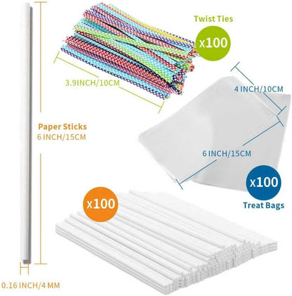 300Pcs 6 Inch(4MM DIA) Cake Pops Sticks,Lollipop Sticks, Cake pop Bags and Wrappers Chocolates and Cookies Set Including 100 Parcel Bags, 100 Papery Treat Stick, 100 Colorful Metallic Twist Ties