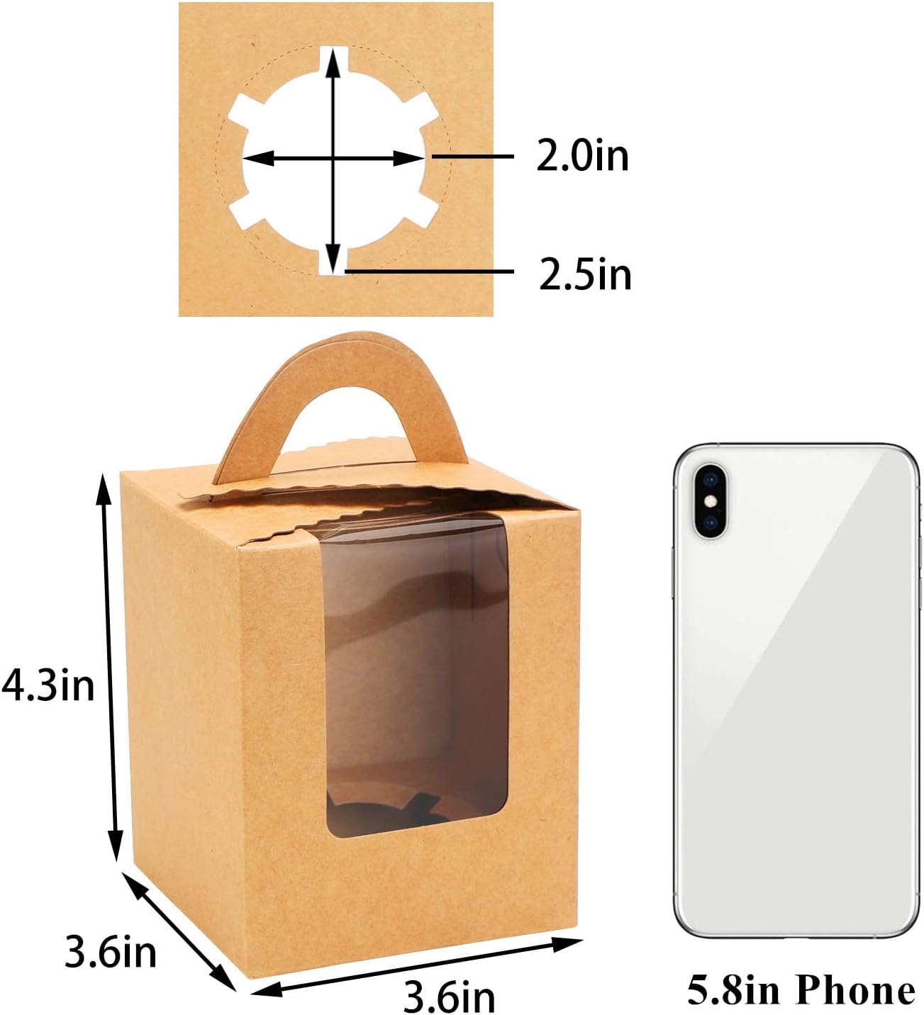 EUSOAR Gold Cupcake Boxes, 25pcs 3.6"x 3.6"x 4.3" Single Cupcake Carrier with Window Insert and Handle, Kraft Pastry Containers, Muffins Cupcake Carriers for Bakery Wrapping Party Favor Packing