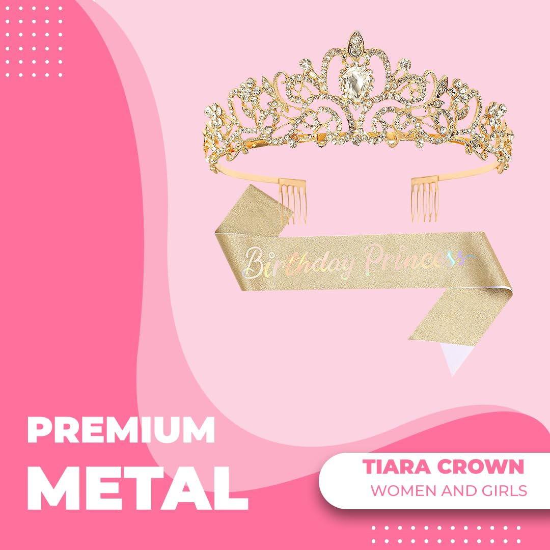 Birthday Tiara Crown with Sash for Women, Headband Hair Accessories for Wedding Party Costume