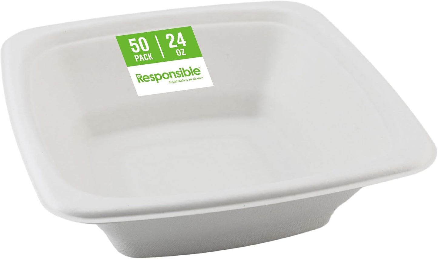 Responsible Products 100% Compostable Square Serving Bowls, 48 oz Disposable Paper Bowls, Microwave Safe, Freezer Safe, Soup Safe, No Plastic, Eco-Friendly, Tree-Free, No PFAS. White (50 Count)