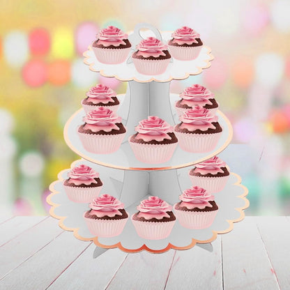 MRPAPA Pink Cardboard Cupcake Stand,2PCS Cup Cake Holder Thick Paper Dessert Tray, 3-Tier Round Serving Tray Perfect for Baby Girls Pink and Gold Birthday Baby Shower Party Supplies
