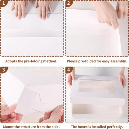 JCD 12pcs 14x10x4in Cake Boxes White Bakery Box Quarter Sheet Cake boxs with Window Large Rectangle Treat Boxes for Cake Pastry Baking Donuts Cupcake Pie Packaging