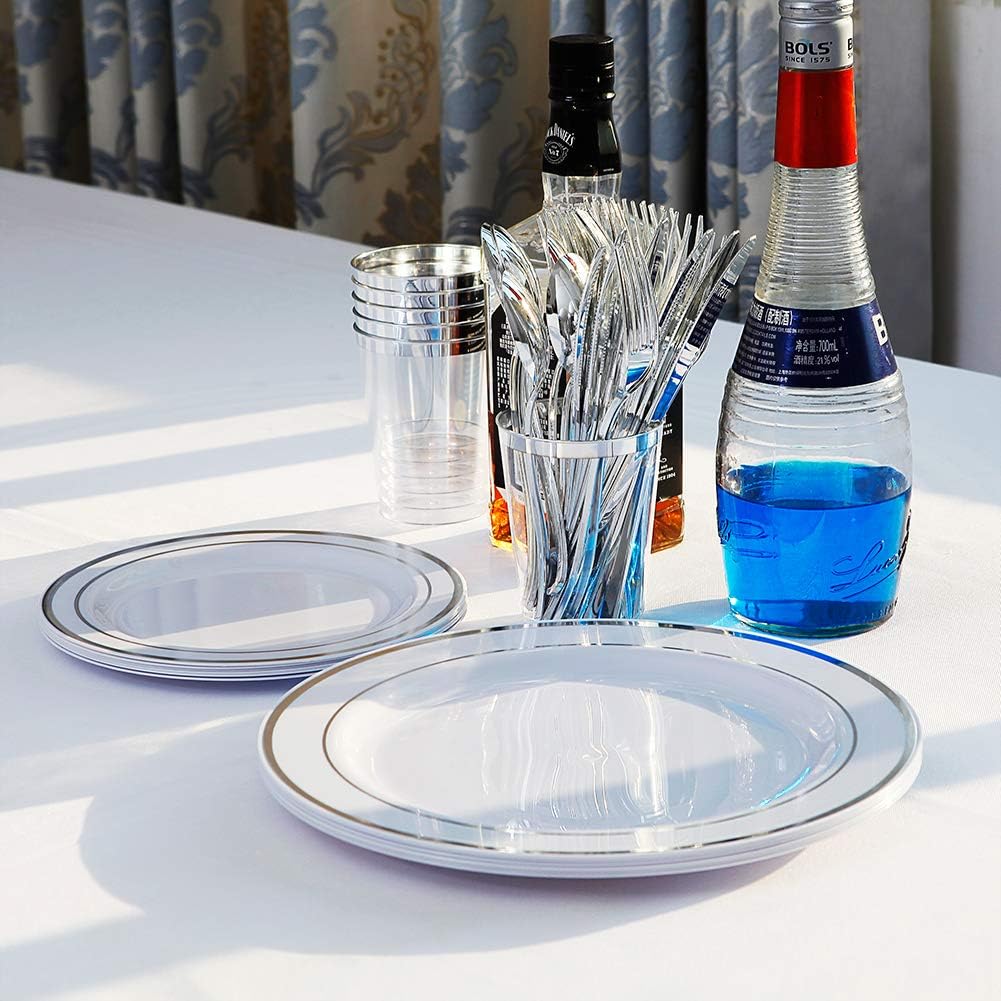 I00000 102 Pieces Gold Plastic Plates, Disposable Party Plates White Gold Rim, 51 Disposable Gold Dinner Plates 10.25 Inch and 51 Disposable Dessert Appetizer Elegant Fancy Wedding Plates 7.5 Inch