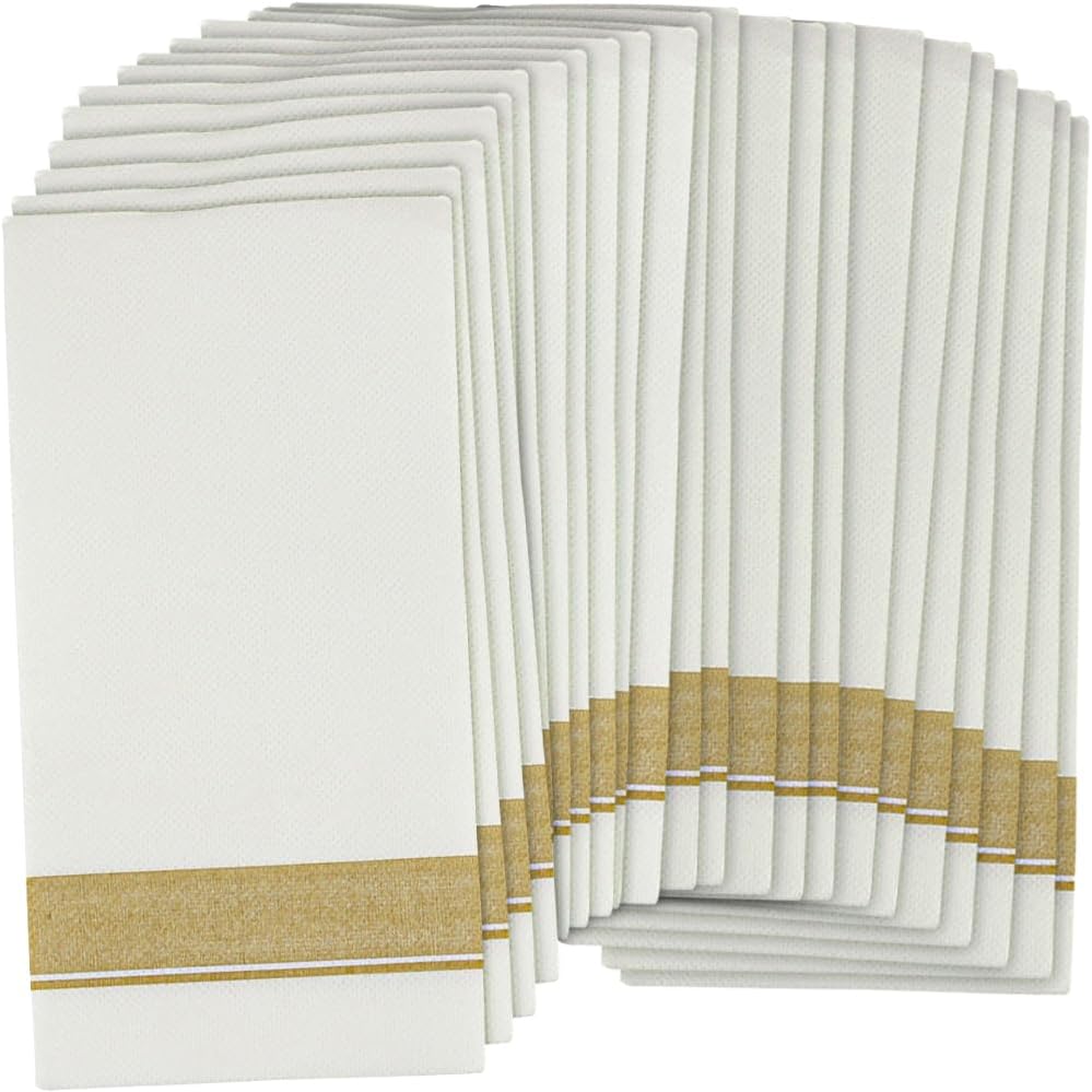 Rectangle Cloth-Like White Napkins with Gold Border, 50 Pack Fancy Paper Napkins, 22" x 22" Disposable Dinner Napkins - Decorative For Parties, Weddings, Dinners, Upscale Parties & Events
