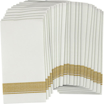 Rectangle Cloth-Like White Napkins with Gold Border, 50 Pack Fancy Paper Napkins, 22" x 22" Disposable Dinner Napkins - Decorative For Parties, Weddings, Dinners, Upscale Parties & Events