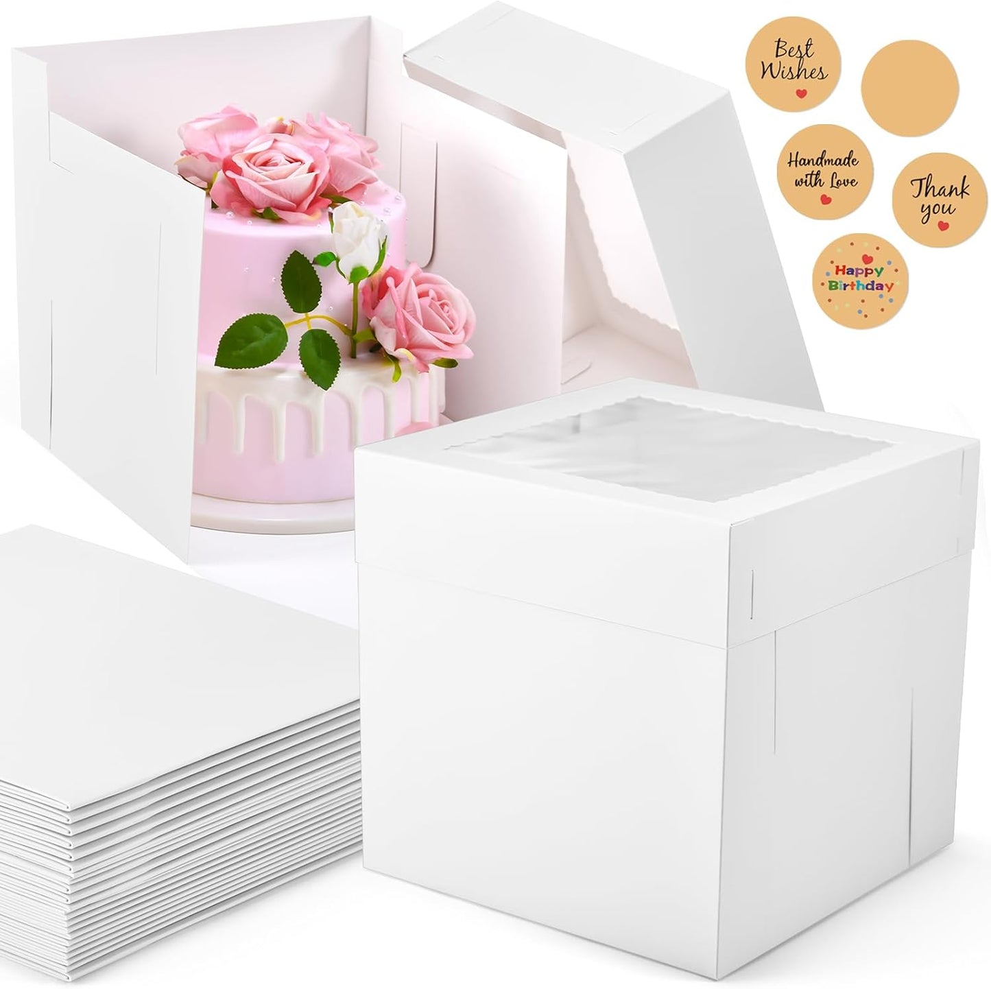 12Pcs 8x8x8 Inches Cake Boxes, Pink Square Bakery Boxes with Window, Disposable Cake Carrier Container for Pastries, Pie, Cookies, Chocolates, Cupcakes, Birthday Party, Wedding