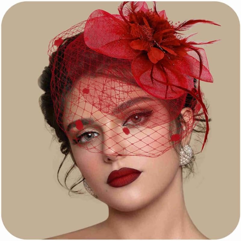 Fascinators Hats for Women Tea Party Hat Feather Mesh Headband Vintage Lace Cocktail Headwear Veil Hair Clip Church