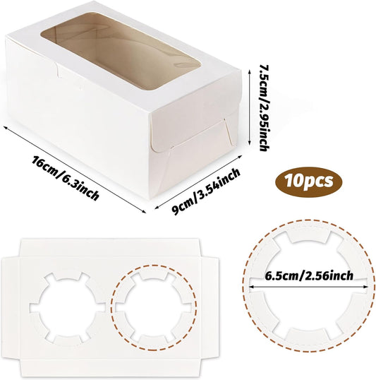 MUMULULU White Paper Cupcake Boxes with 2 Cavity Cookie Gift Boxes with Clear Window 2 Treat Holder Cupcake Containers Bakery Cake Box for Birthday Party Bakery Supplies (10)