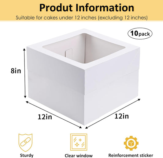 Moretoes 10pcs Cake Boxes 12x12x8 Inch White Bakery Boxes with Window Tall Dessert Cardboard Containers for Cakes Cupcakes Pies Donuts Cookies, for Valentine's Day Mother's Day