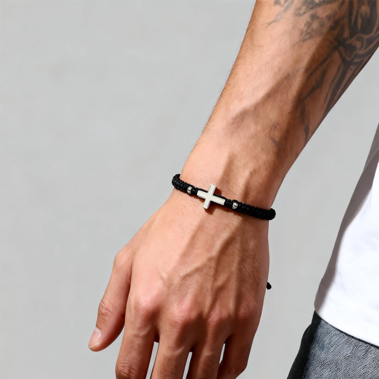8mm Natural Volcanic Stone Bracelets for Men,Luminous Cross Bracelets,Healing Crystal Elastic Stretch Beads Bracelet,Religion Holy Communion Bracelet for Women