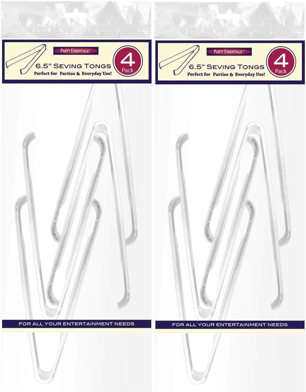 Party Essentials Plastic 6.5" Serving Tongs, 4-Count, Clear