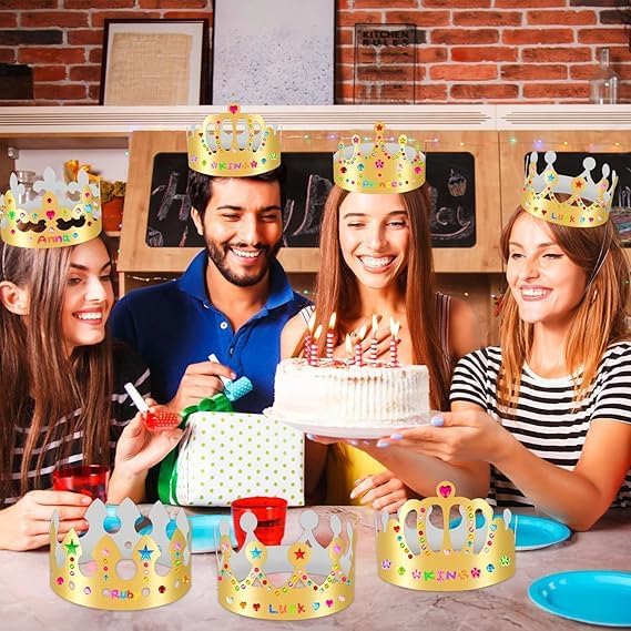 12 pcs Paper Crowns, Birthday Crowns Craft to Decorate with 8 Sheets Gem Jewels Number Letter Stickers, Gold Paper Prince Princess Hats for Party Favor Supplies