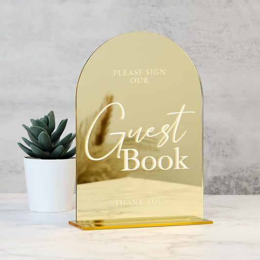 Acrylic Wedding Sign with Stand- 5"x7" Gold Mirror Arched Guest Book Signs and Base,1/8" Thick | Modern Calligraphy White Lettering Gold Arch Acrylic Table Sign for Wedding Reception & Party