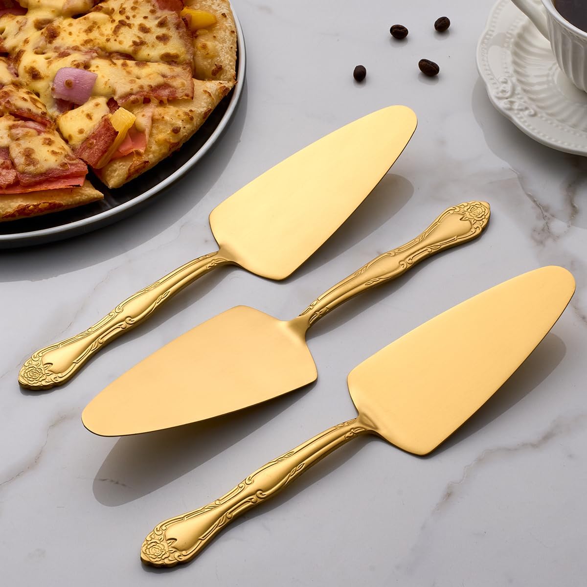 3-Piece Cake Server Set - 9.3-Inch Matte Black 430 Stainless Steel with Rose Handle Design - for Cake, Pie, Pizza, and Dessert Serving - Dishwasher Safe Pastry Server Set