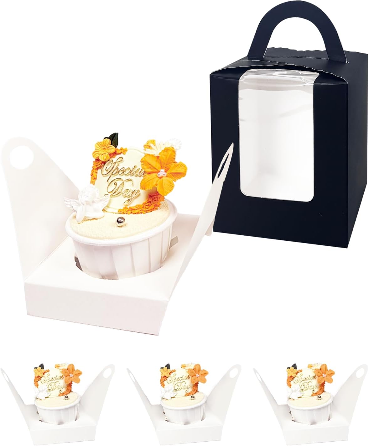Bakepacker Auto-pop up Individual Cupcake Boxes with Window 60 Count Brown Single Cupcakes Box 3.7 x 3.7 x 4.3inch Cupcake Carrier