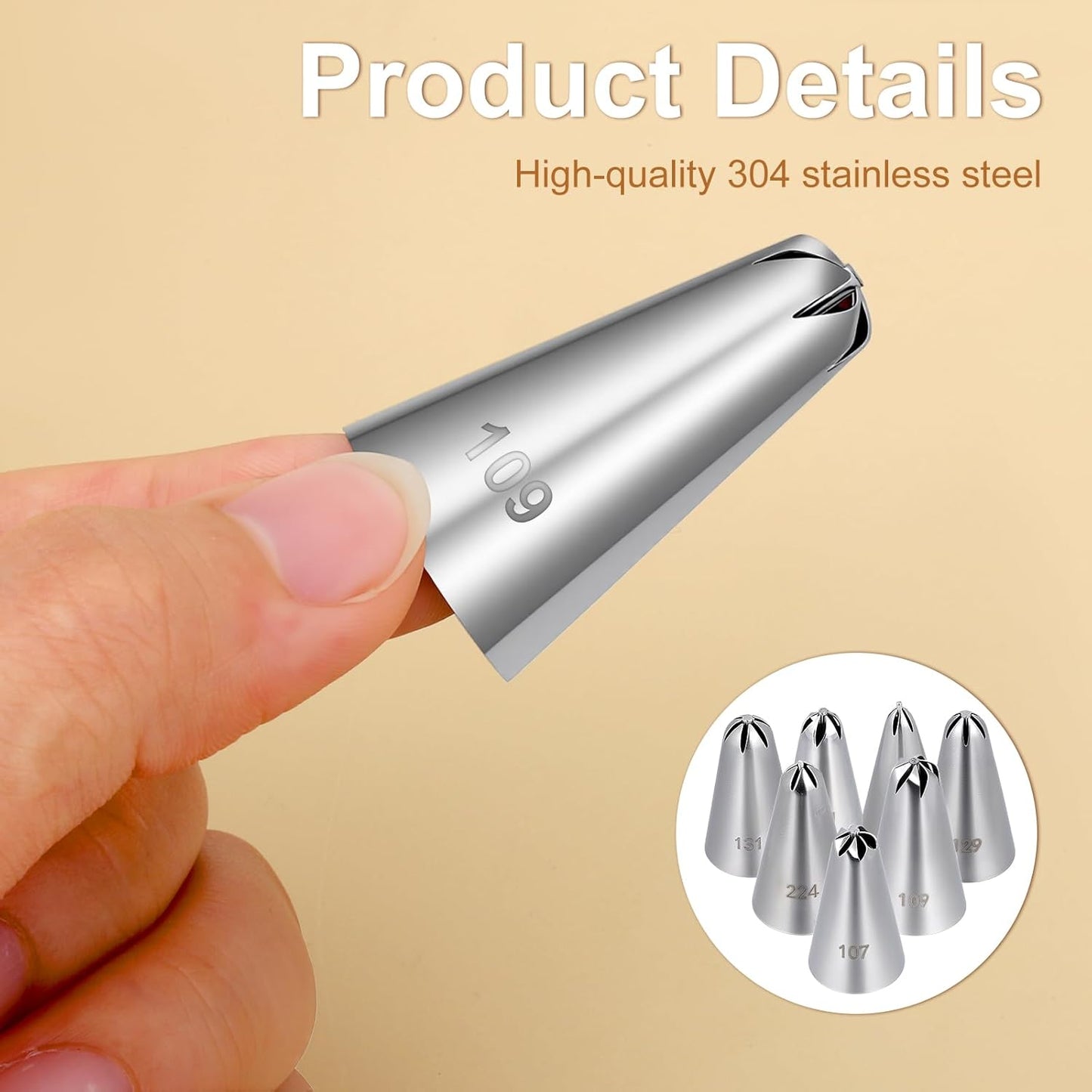 7 Pcs Drop Flower Piping Tips Set, 107, 109, 129, 131, 191, 224, 225 Stainless Steel Icing Tip for Swirl, Rosette, Cake Cookie Decorating Floral Patterns